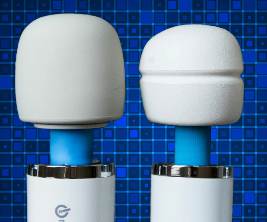 Side-by-side comparison showing the Magic Wand Original's textured white vinyl head on the left and the Magic Wand Plus's smooth body-safe silicone head on the right, illustrating the material difference between the two models