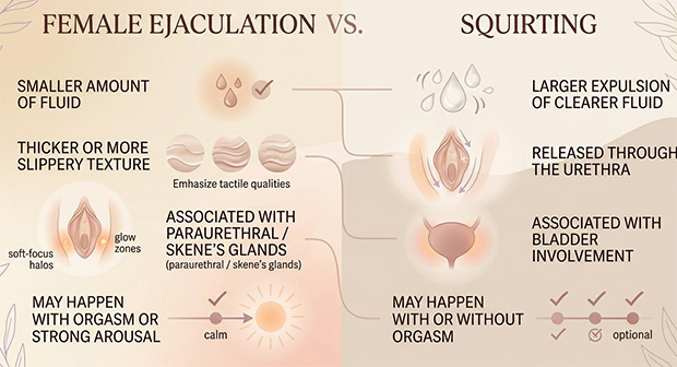 Infographic comparing female ejaculation and squirting, showing that they can involve different kinds and amounts of fluid and are not the same event.