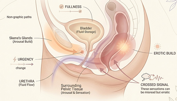 Medical-style diagram showing how arousal, urethral-area sensation, and bladder-related pressure can overlap, making fluid release feel confusing or urinary at first.