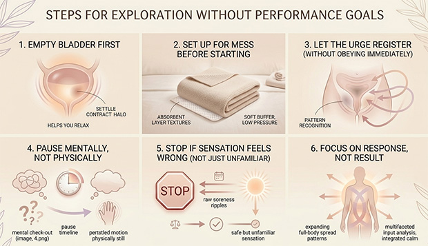 Step-by-step infographic showing how to explore ejaculation or squirting without pressure, including setup, relaxation, and paying attention to body feedback instead of chasing a result.