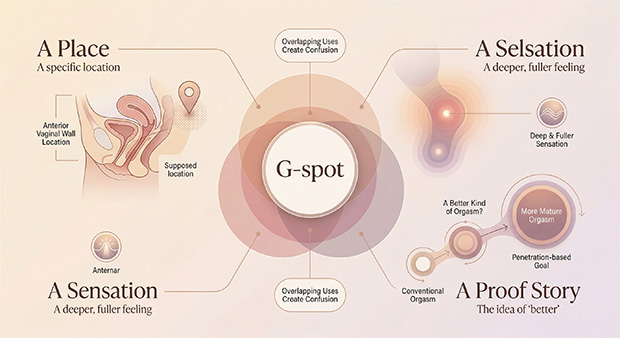 Infographic showing that the term G-spot is often used to mean a place, a sensation, and a cultural idea about orgasm all at once.