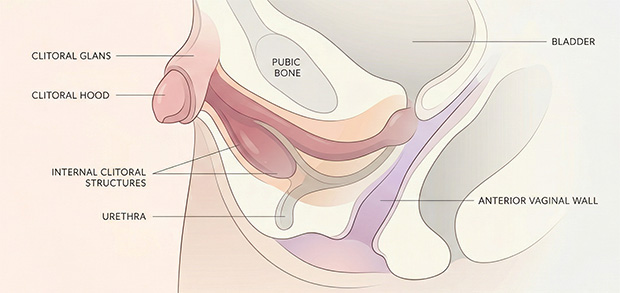 Medical-style diagram showing how internal pleasure may involve overlapping clitoral, urethral, and front vaginal wall tissues rather than one isolated structure.
