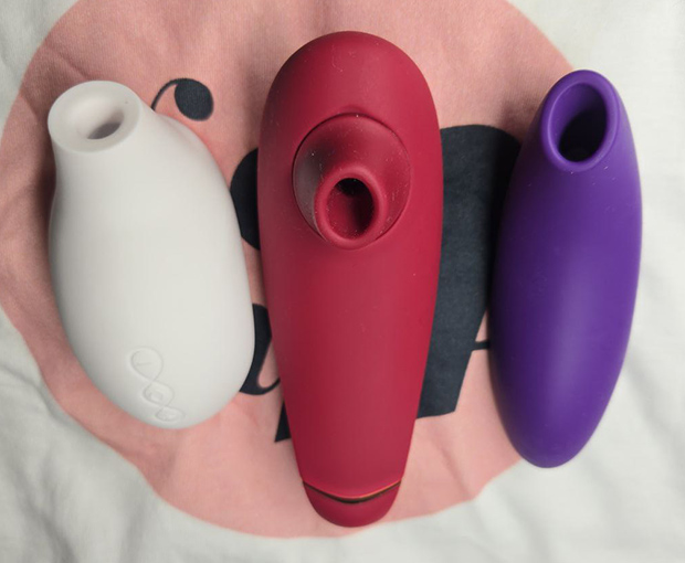 Side-by-side comparison of LELO Sona 3, Womanizer premium 2, and We-Vibe Melt 2 showing size, nozzle depth, and design differences based on real-world use