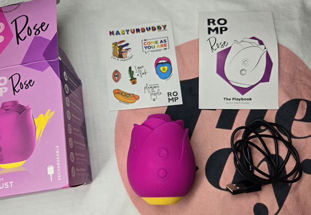 Flat lay of the ROMP Rose package contents, including toy, charging cable, stickers, and user guide, photographed by the reviewer during unboxing.