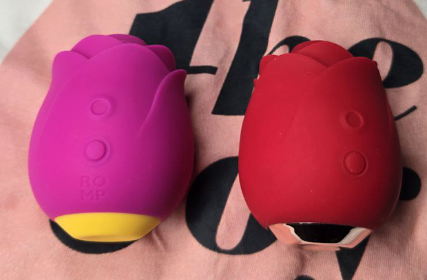 ROMP Rose (pink) next to a generic red rose toy with similar design, highlighting visual differences and branding.