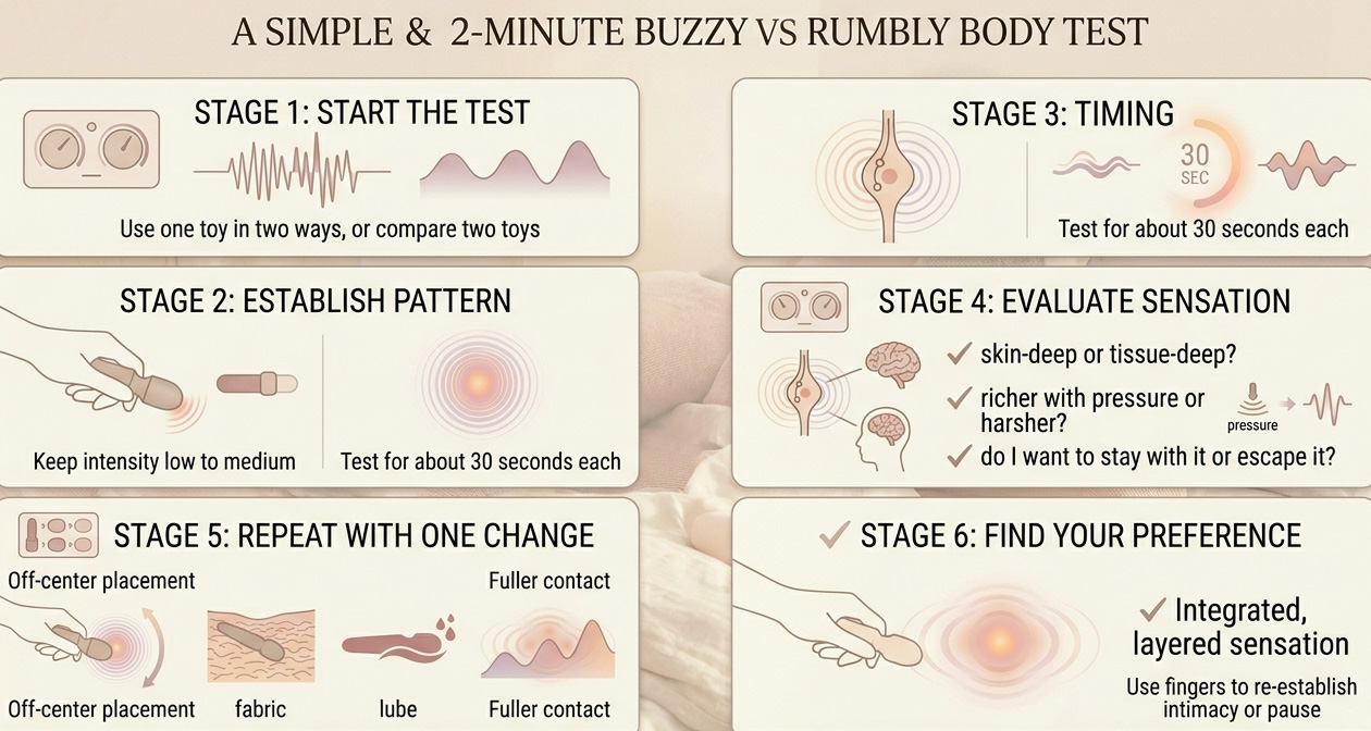 Step-by-step infographic showing a quick body test for telling whether a vibration feels more buzzy or more rumbly.
