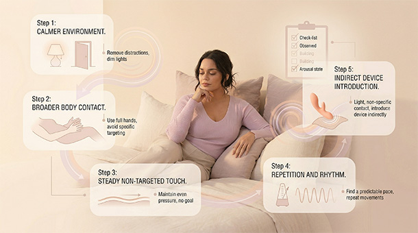 Infographic showing a five-step sequence for building arousal before bringing in a vibrator.