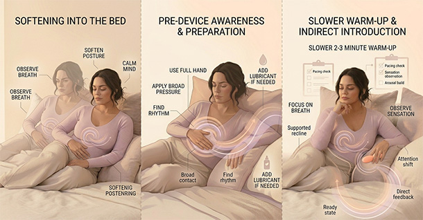 Three-panel illustration showing realistic warm-up scenarios before vibrator use, including stress relief, broad hand contact, and slower build-up.
