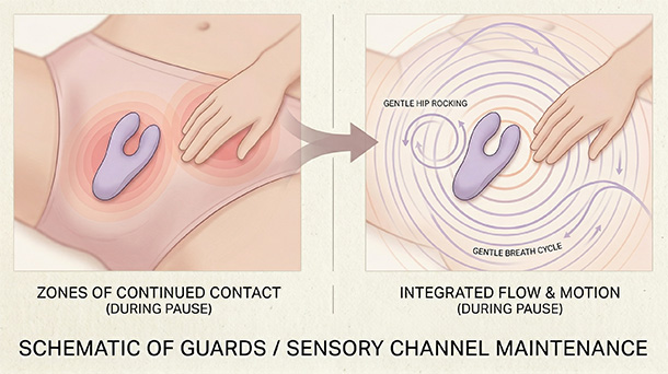 Illustration showing broad contact, breathing, and gentle movement continuing during a pause instead of full removal.