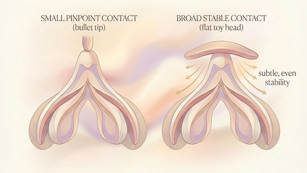 Gentle illustration comparing pinpoint stimulation (small tip) versus broad stable contact (wide head or palm) on the mons area.