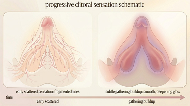 Before-and-after illustration contrasting scattered, thin early clitoral touch vs. subtle gathering and spreading sensation that feels easier to stay with.