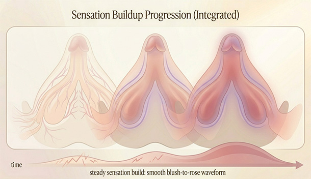 Soft diagram illustrating steady, repeatable clitoral touch building sustainably vs. interrupted changes that prevent sensation from stacking.