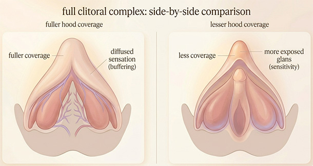 Pastel medical illustration comparing buffered vs. exposed clitoral hood coverage and how it affects sensation intensity.