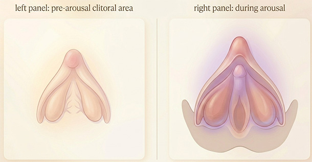 Before-and-after arousal illustration showing clitoral engorgement and increased sensitivity during sexual response.