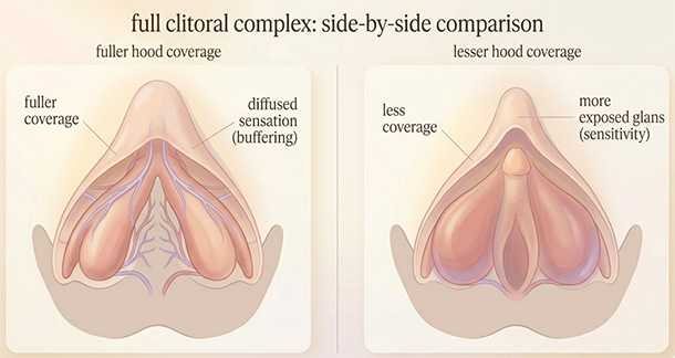Soft diagram illustrating how hypertonic pelvic floor tension can amplify and guard clitoral sensation.