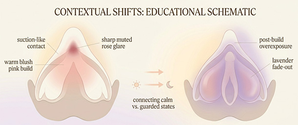 Soft abstract diagram of real-life clitoral overstimulation scenarios like sudden glare, post-orgasm sensitivity, and contextual changes.