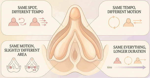 Soft diagram illustrating simple one-variable changes for testing clitoral stimulation patterns: tempo, motion, area, duration.