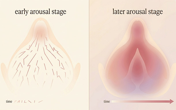 Before-and-after illustration contrasting scattered interrupted touch vs steady deepening sensation in a promising clitoral pattern.