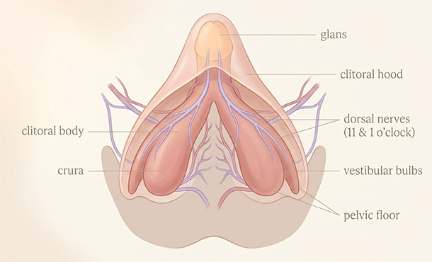medical illustration of clitoral internal anatomy highlighting dorsal nerve pathways at 11 and 1 o’clock positions.