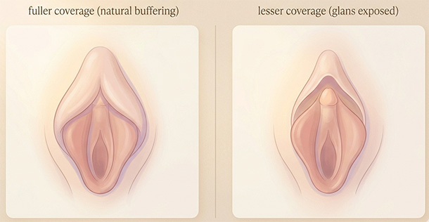 medical illustration comparing natural left and right clitoral hood coverage and buffering differences.
