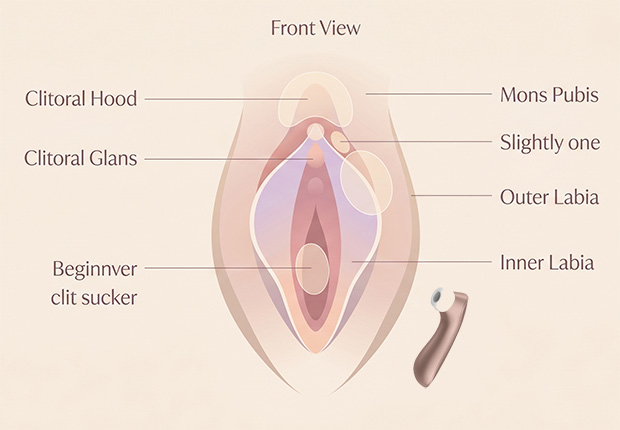 Educational vulva diagram showing clitoral hood, glans, and common off-center placement zones for a clit sucker.