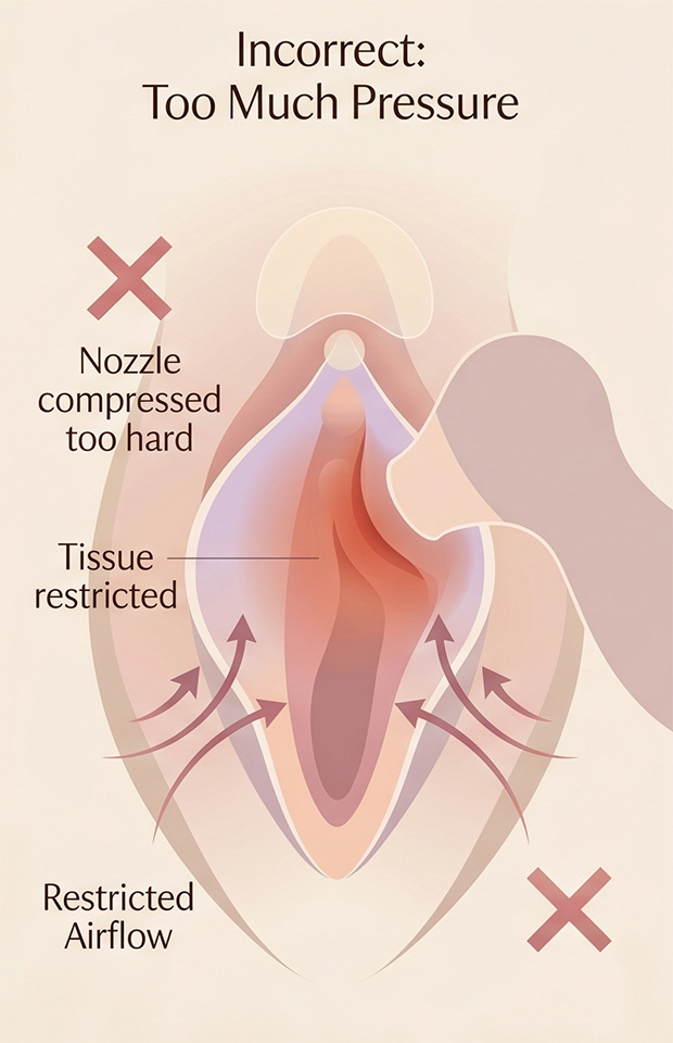 Comparison diagram showing too much pressure versus a light seal when using a clit sucker. part 1.