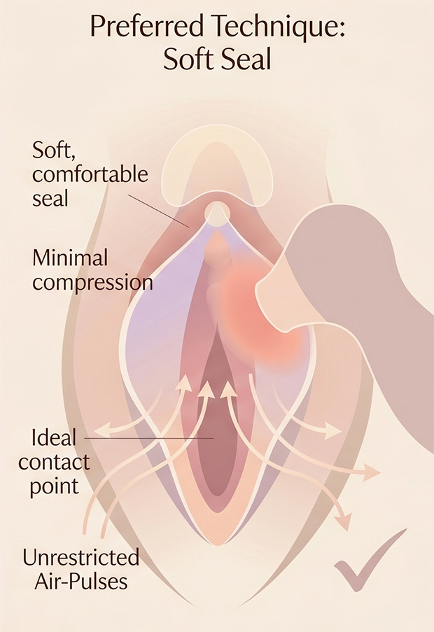 Comparison diagram showing too much pressure versus a light seal when using a clit sucker. part 2.