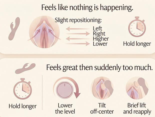 Infographic showing quick fixes for common clit sucker problems: nothing happening, and too intense.
