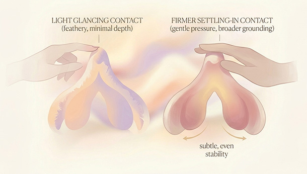 Gentle illustration comparing light, skimming touch (sharper sensation) versus firmer, settled contact (steadier, easier pleasure).