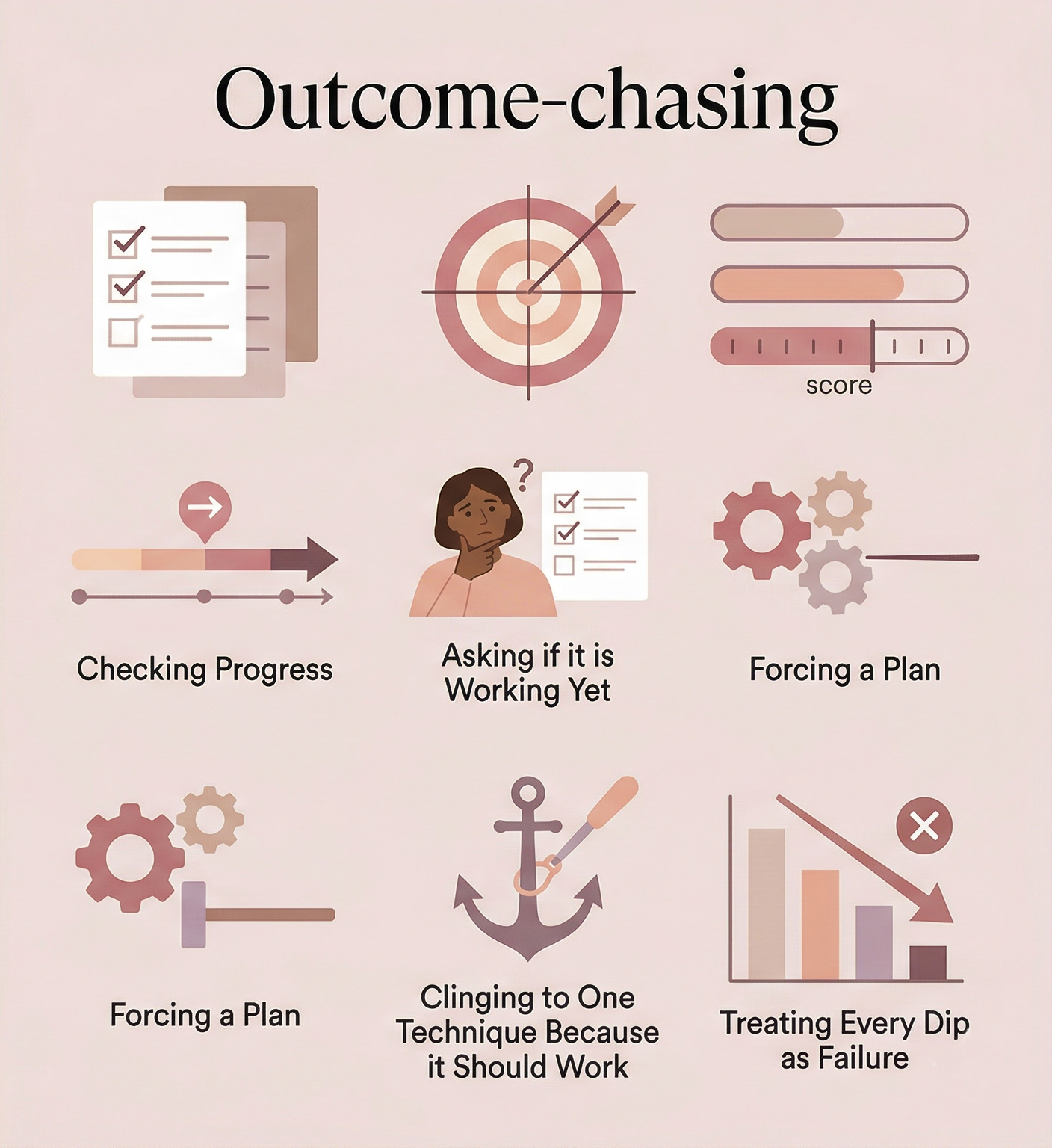 Infographic comparing curiosity about sensation with outcome-chasing, showing how one stays connected to feedback while the other turns pleasure into progress tracking.