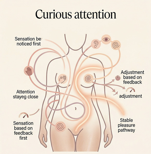 Diagram showing how curiosity keeps attention close to sensation, while evaluative thinking pulls attention away and interrupts pleasure.