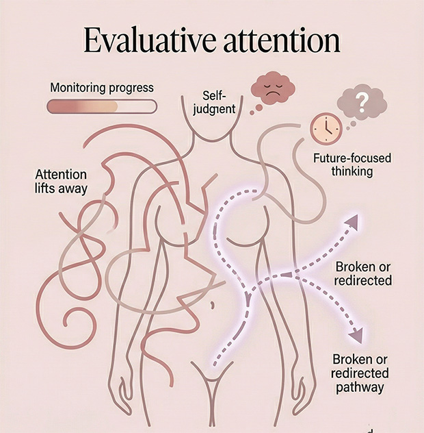 Diagram showing how curiosity keeps attention close to sensation, while evaluative thinking pulls attention away and interrupts pleasure.