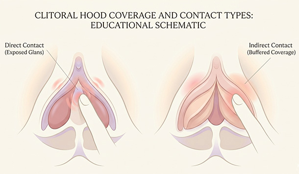 Pastel medical illustration comparing direct glans contact vs. indirect stimulation through the clitoral hood for buffered sensation.