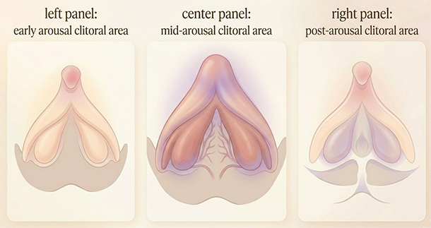 Before-during-after arousal illustration showing clitoral changes in sensitivity and why stimulation preferences shift from indirect to direct and back.