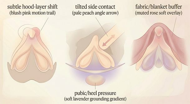 Soft abstract diagram of real-life direct vs. indirect clitoral stimulation examples like hood buffering, angled contact, fabric layers, and grinding pressure.