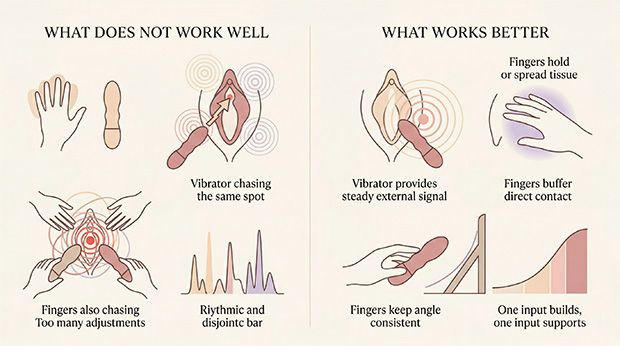 Infographic showing that fingers and a vibrator work better when each has a different role, instead of both chasing the same spot at once.