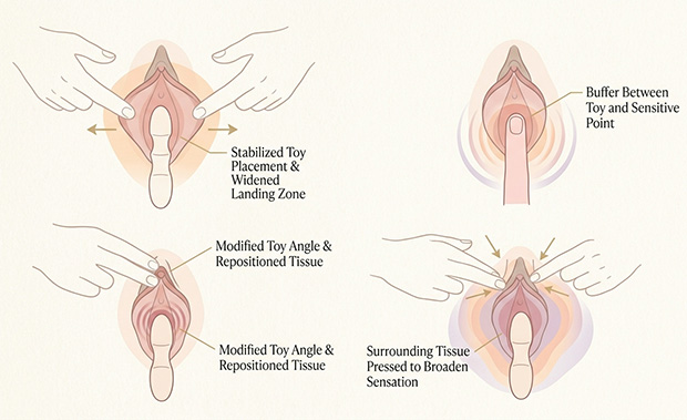 Medical-style vulva diagram showing how fingers can stabilize tissue, buffer contact, and change how vibrator sensation lands.