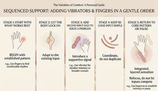 Step-by-step infographic showing how to start with one kind of stimulation and add the second later for support instead of chaos.