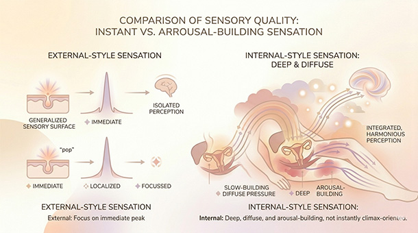 Illustration comparing sharp peak-like pleasure with slower-building, fuller internal pleasure.