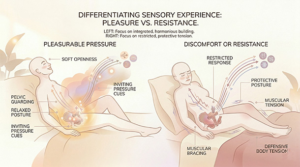 Illustration comparing pleasurable internal pressure with guarded or uncomfortable internal sensation.