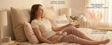Woman reclining in bed with a calm, deeply engaged expression that suggests internal pleasure without a dramatic climax.