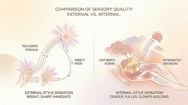 Illustration comparing bright immediate sensation with denser slower-building pressure-based sensation.