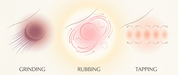 Pastel medical illustration comparing three motion types: grinding (deep, weighted drag), rubbing (gliding feedback), tapping (brief contact-release pulses).
