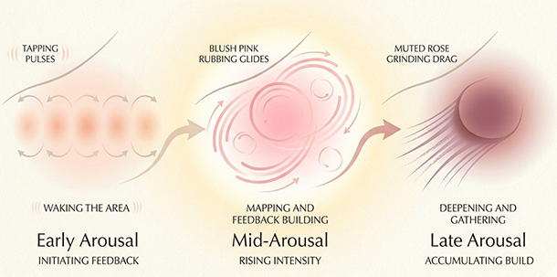 Illustration showing how arousal can naturally shift preferred motion from tapping (wake-up) to rubbing (mapping) to grinding (deepening) over time.