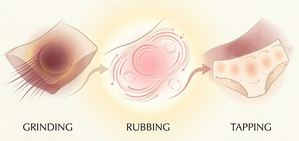 Soft abstract diagram of real-life examples: grinding on pillow for heavy buildup, rubbing with fingers for responsive mapping, tapping under fabric for gentle pulses.