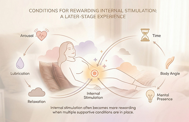 Infographic showing that internal stimulation often depends on arousal, relaxation, time, lubrication, and the right angle.