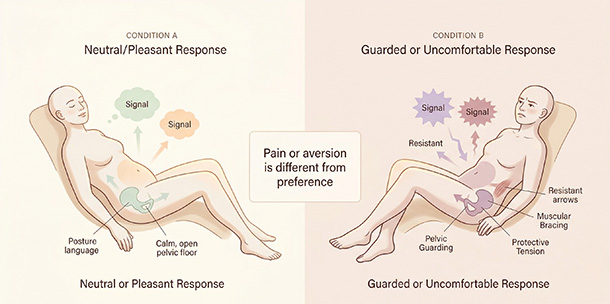 Illustration showing the difference between a neutral internal response and a guarded or uncomfortable one.