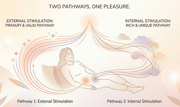 Illustration showing external and internal pleasure pathways as equal options rather than ranked levels.