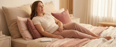 Woman reclining in bed with a relieved expression that suggests external stimulation feels clearer and more responsive than internal stimulation.