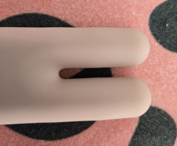 Top-down close-up of Le Wand Deux silicone prongs showing the straddling channel width and smooth rounded contact surfaces at the tip of each prong.